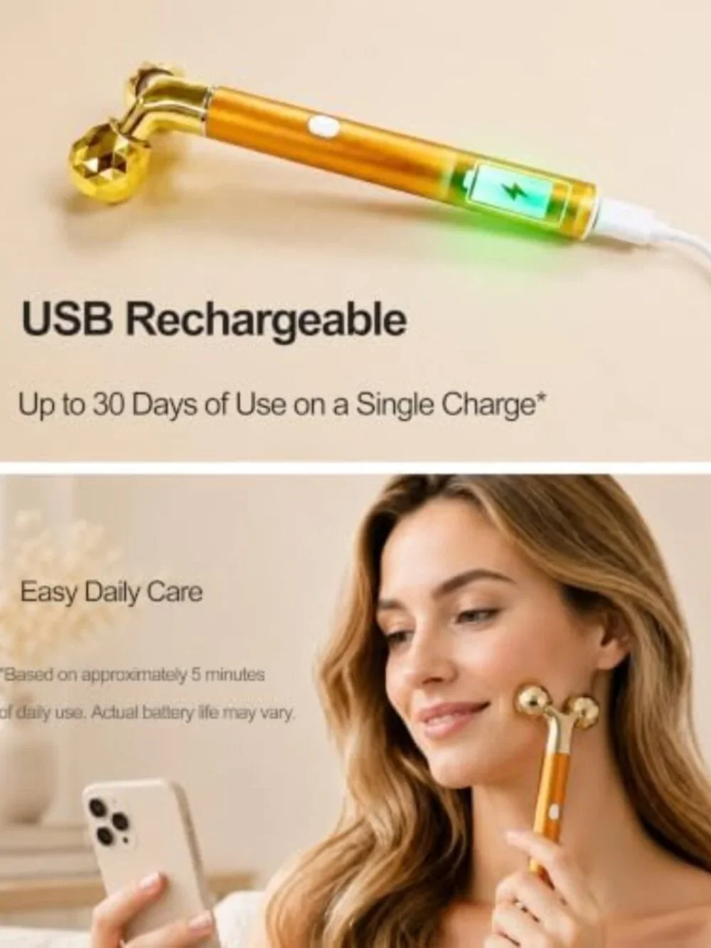 Rechargeable Golden Vibrating Face Massager Roller for Lymphatic Drainage